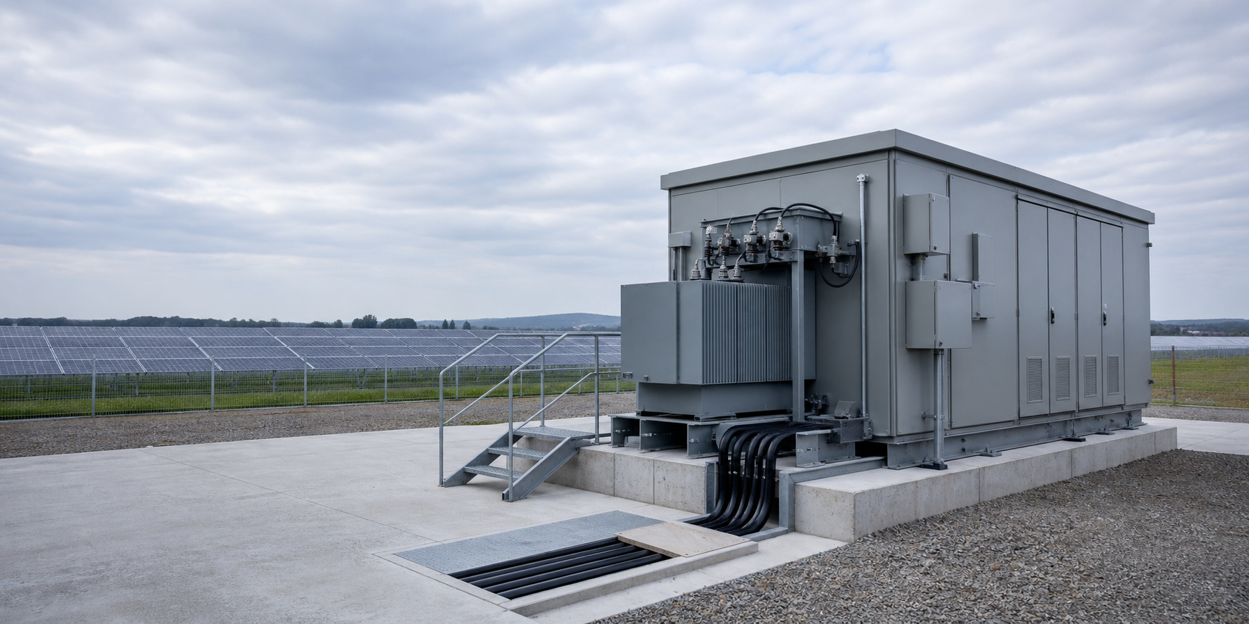 Prefabricated PV step-up substation beside a solar PV field