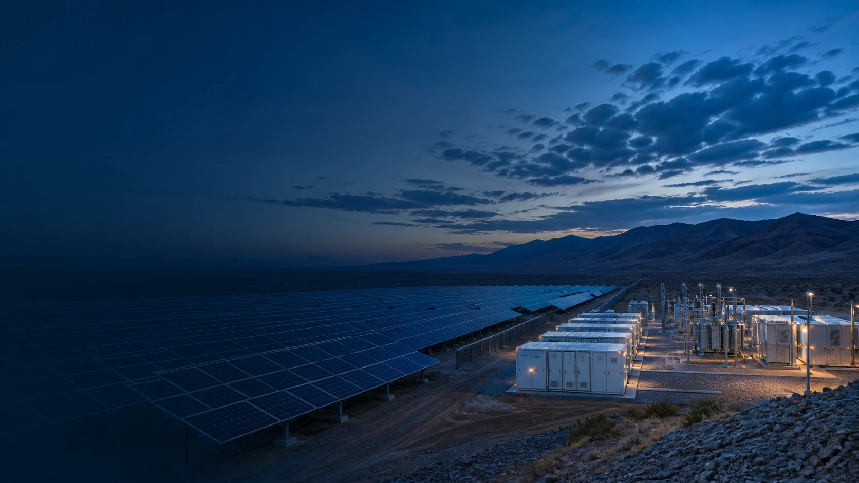 Solar farm, battery energy storage and electrical substation at dusk